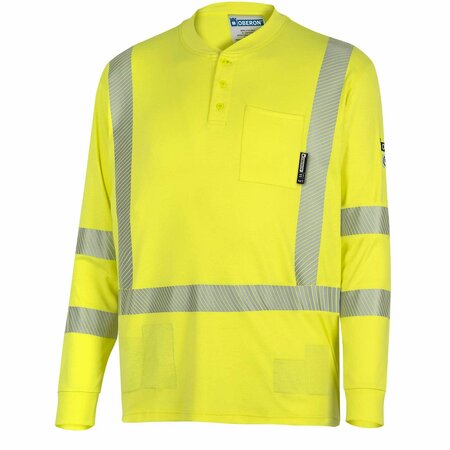 OBERON Hi-Vis 100% FR/Arc-Rated 7 oz Cotton Interlock Henley Shirt, Long Sleeves, Hi-Vis Yellow, M ZFI406-M